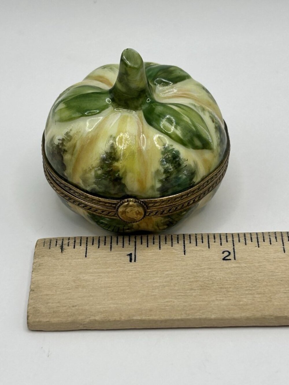 Limoges France Pumpkin Squash Trinket Box Peint Main Hinged Porcelain Green Gift - Picture 11 of 16